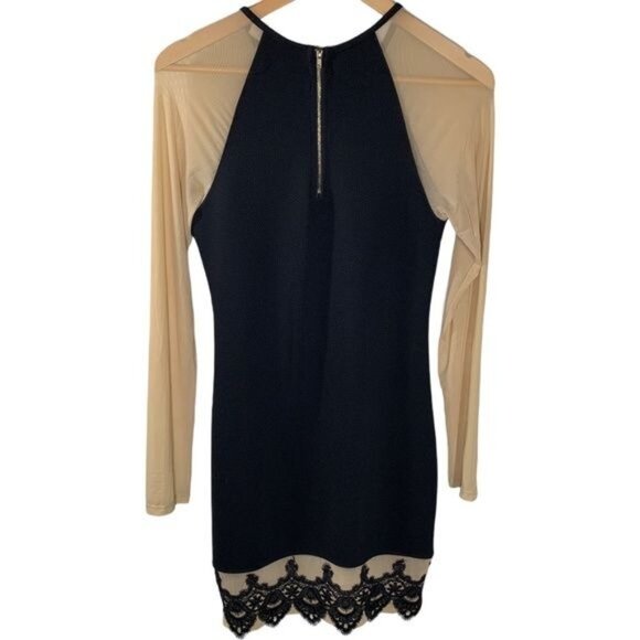 Cisa Black Tan Long Sleeve Mesh Lace Hem Sheath Dress Size M - Picture 5 of 11